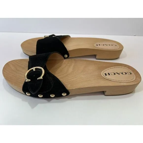 Coach Women's Bleeker Wooden Suede Slide Sandals Size 9 Black &amp; Gold Boho Gypsy