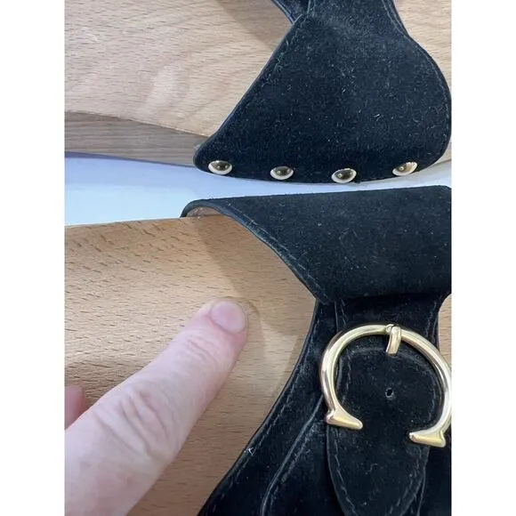 Coach Women's Bleeker Wooden Suede Slide Sandals Size 9 Black &amp; Gold Boho Gypsy
