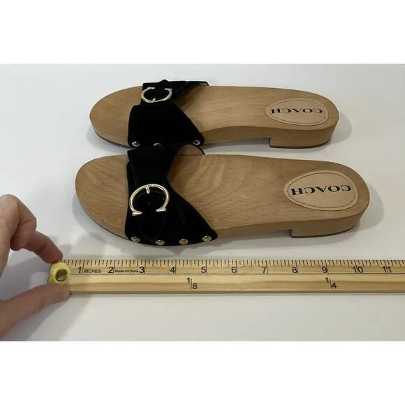 Coach Women's Bleeker Wooden Suede Slide Sandals Size 9 Black &amp; Gold Boho Gypsy