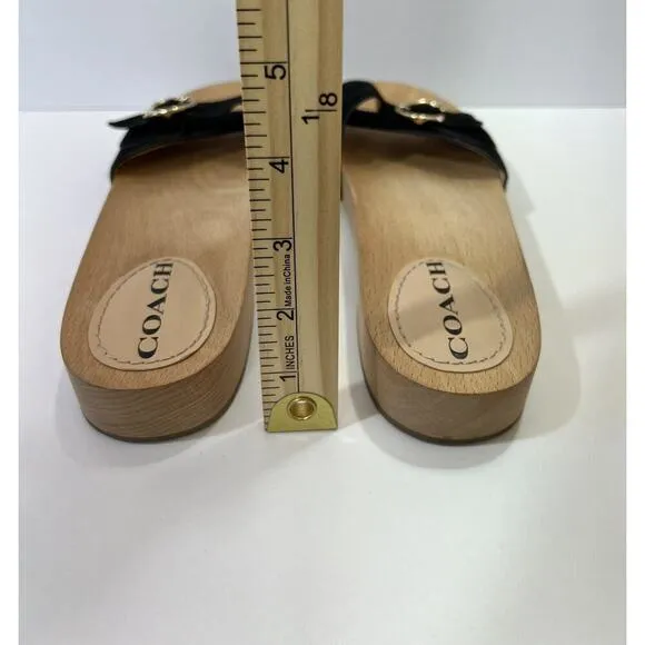 Coach Women's Bleeker Wooden Suede Slide Sandals Size 9 Black &amp; Gold Boho Gypsy
