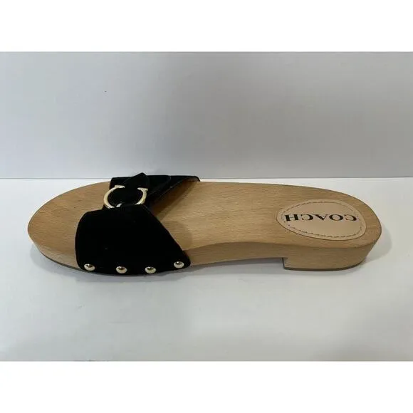 Coach Women's Bleeker Wooden Suede Slide Sandals Size 9 Black &amp; Gold Boho Gypsy