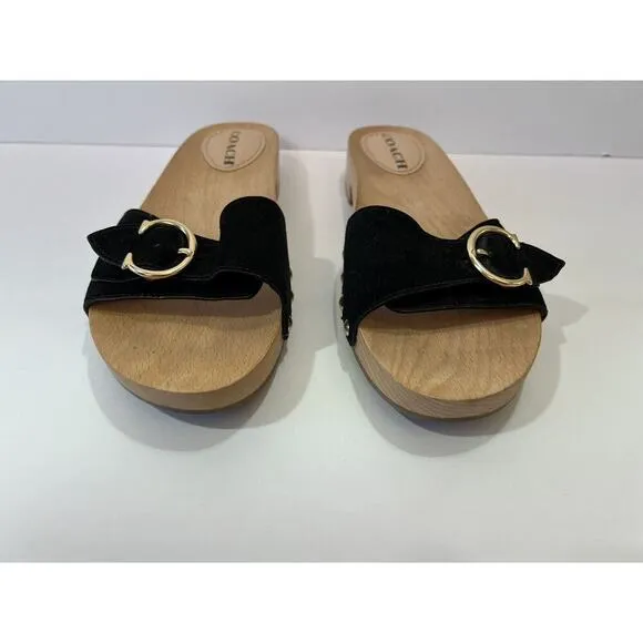 Coach Women's Bleeker Wooden Suede Slide Sandals Size 9 Black &amp; Gold Boho Gypsy