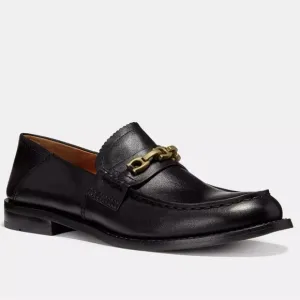 Coach women’s Putnam loafer black leather Sz 9 metal gold chain slip on shoes