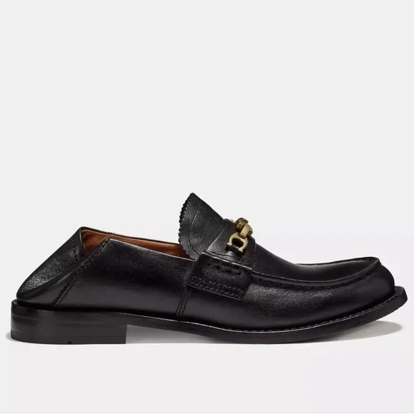 Coach women’s Putnam loafer black leather Sz 9 metal gold chain slip on shoes