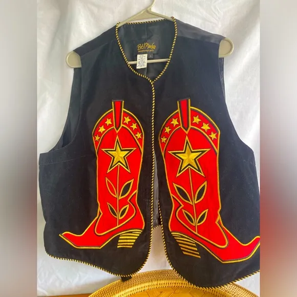 🌟COACHELLA VEST⭐️ RARE VINTAGE BOB MACKIE Cowboy Western Vest Embroidered/Black