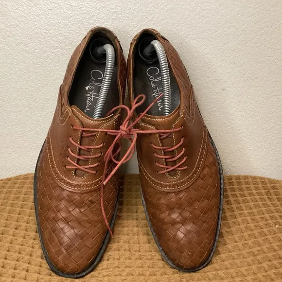 Cole Haan Cambridge Oxfords Dress Shoes Mens Sz 8.5 Brown Woven Leather Wingtip