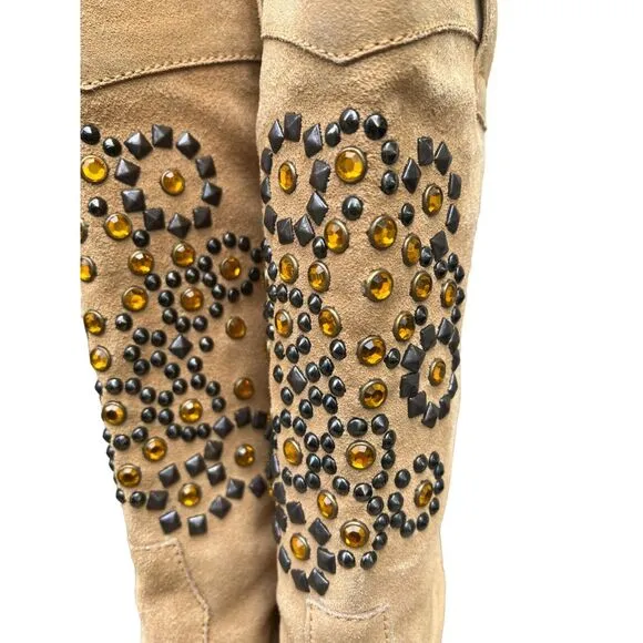 Colin Stuart Boots Womens Size 7 Tan Suede Leather Jeweled Studded Western Boho