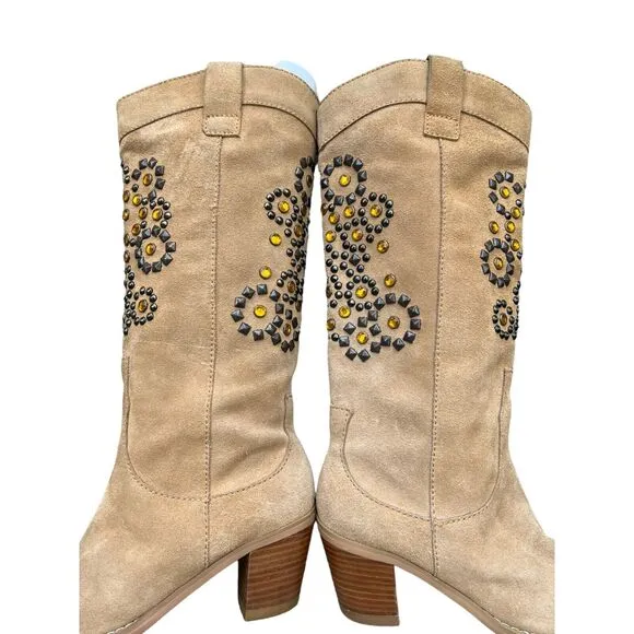 Colin Stuart Boots Womens Size 7 Tan Suede Leather Jeweled Studded Western Boho