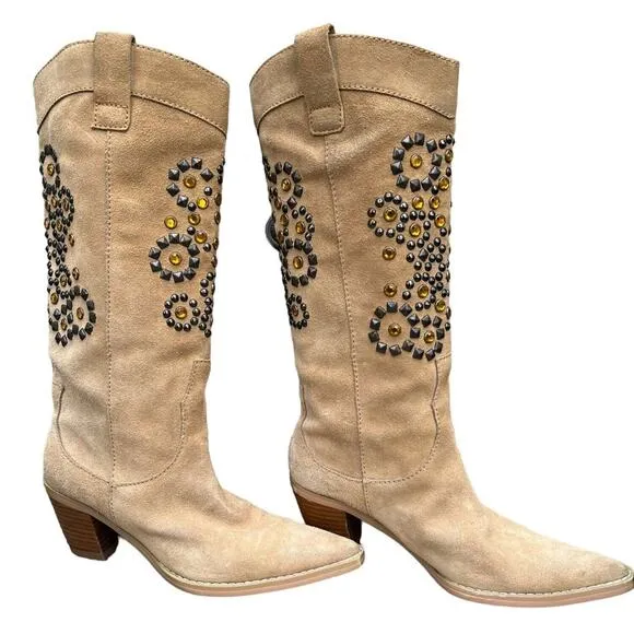 Colin Stuart Boots Womens Size 7 Tan Suede Leather Jeweled Studded Western Boho