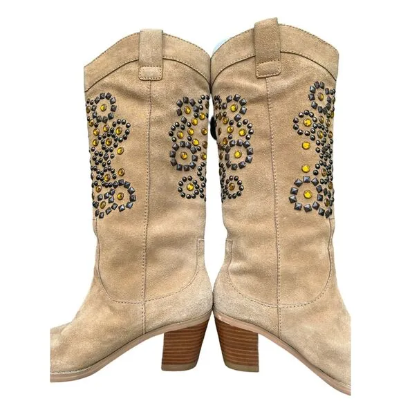 Colin Stuart Boots Womens Size 7 Tan Suede Leather Jeweled Studded Western Boho