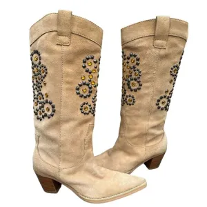 Colin Stuart Boots Womens Size 7 Tan Suede Leather Jeweled Studded Western Boho