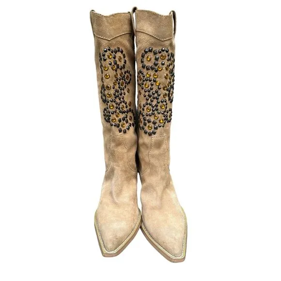 Colin Stuart Boots Womens Size 7 Tan Suede Leather Jeweled Studded Western Boho