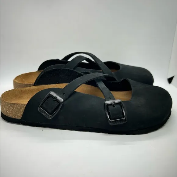 Comfortfusse CARLEN Boho Women's Black Slip-On Black Leather Clogs SZ 39 8-8.5
