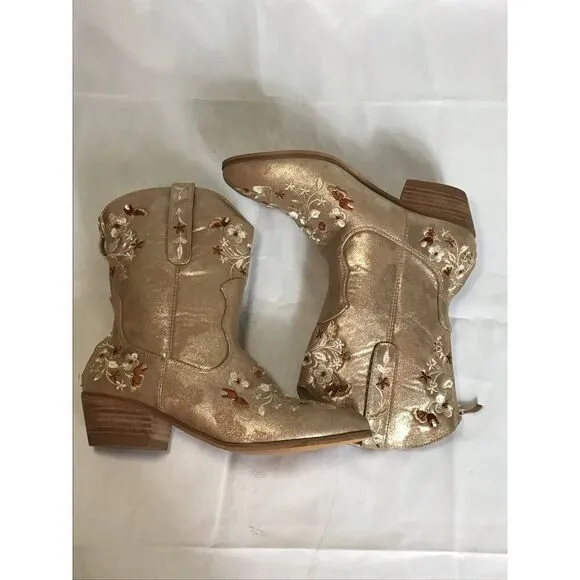 Comfortview Women Western Floral Print MidCalf Boots Sz. 7 Gold  Cowgirl Boho