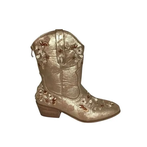 Comfortview Women Western Floral Print MidCalf Boots Sz. 7 Gold  Cowgirl Boho