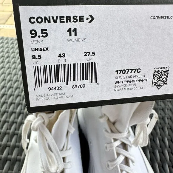 Converse Run Star Hike High Men's Shoes Triple White 170777C Size 9.5