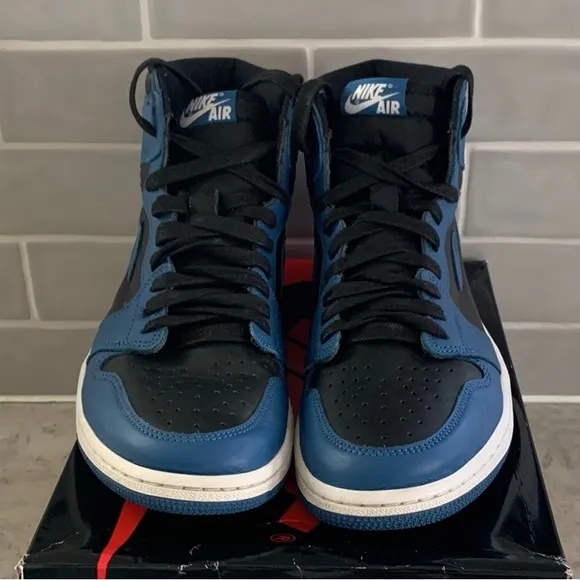 COPY - Nike Air Jordan 1 Retro High shoes 555088-404 black/marina blue leather …