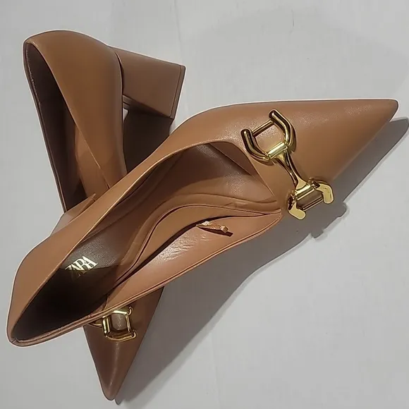 COPY - ZARA BROWN GOLD BUCKLE BLOCK HEELS  POINTED TOE MINIMALIST DRESS SLIP ON…