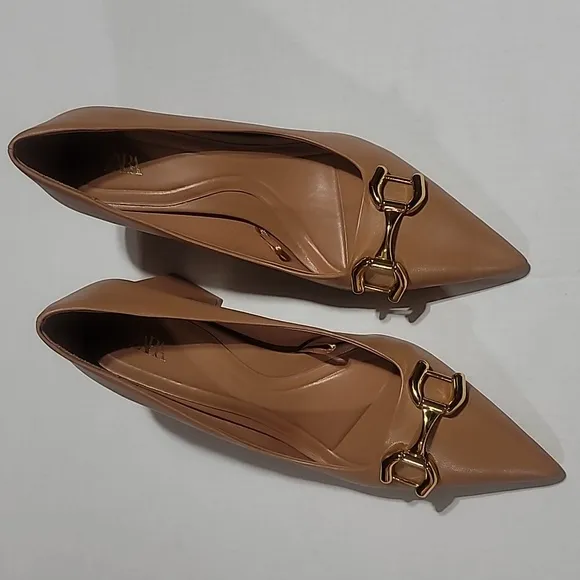 COPY - ZARA BROWN GOLD BUCKLE BLOCK HEELS  POINTED TOE MINIMALIST DRESS SLIP ON…