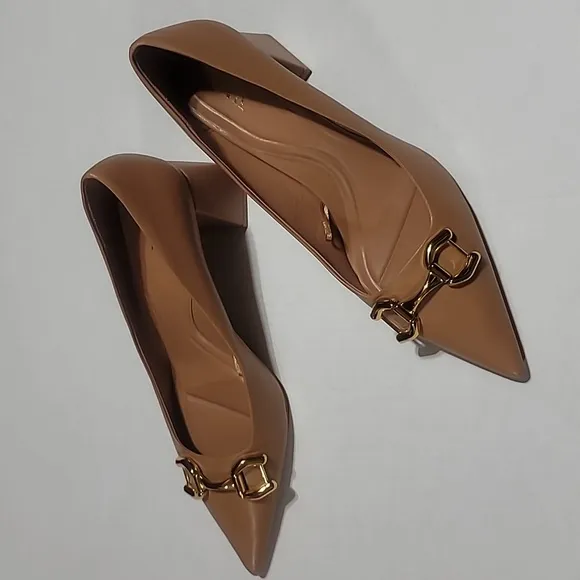 COPY - ZARA BROWN GOLD BUCKLE BLOCK HEELS  POINTED TOE MINIMALIST DRESS SLIP ON…