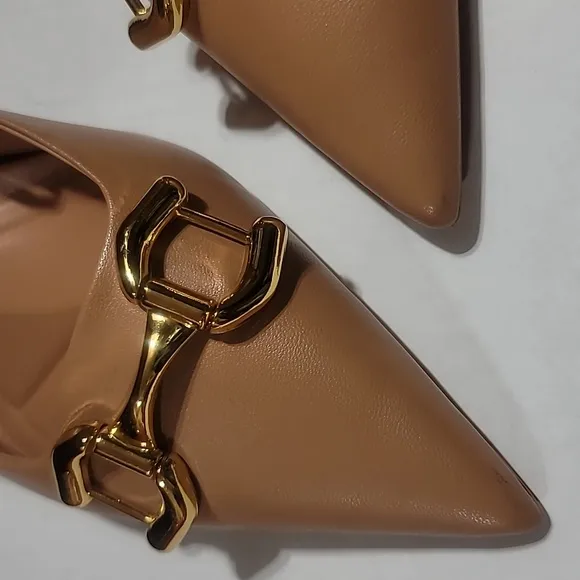 COPY - ZARA BROWN GOLD BUCKLE BLOCK HEELS  POINTED TOE MINIMALIST DRESS SLIP ON…