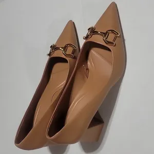 COPY - ZARA BROWN GOLD BUCKLE BLOCK HEELS  POINTED TOE MINIMALIST DRESS SLIP ON…