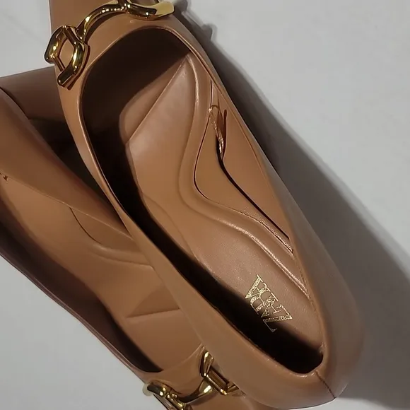 COPY - ZARA BROWN GOLD BUCKLE BLOCK HEELS  POINTED TOE MINIMALIST DRESS SLIP ON…