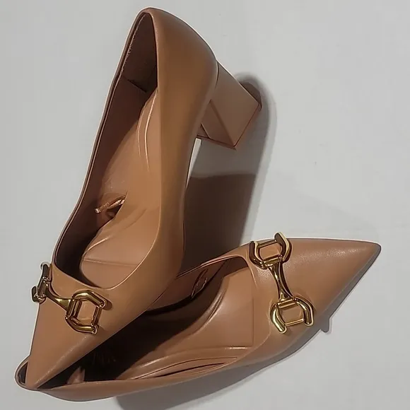 COPY - ZARA BROWN GOLD BUCKLE BLOCK HEELS  POINTED TOE MINIMALIST DRESS SLIP ON…
