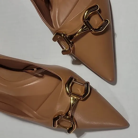 COPY - ZARA BROWN GOLD BUCKLE BLOCK HEELS  POINTED TOE MINIMALIST DRESS SLIP ON…