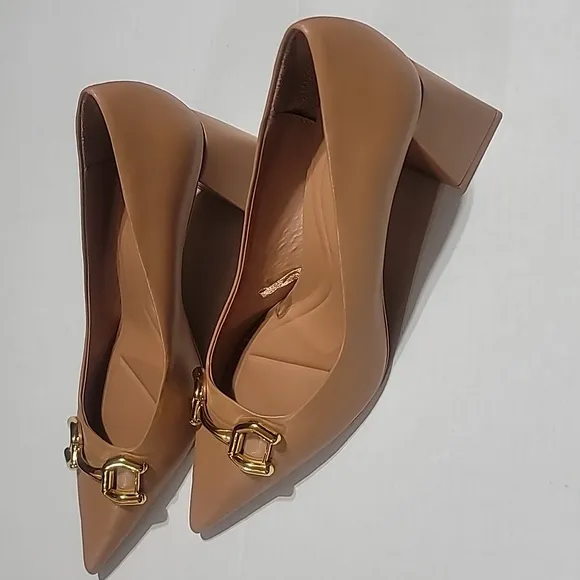 COPY - ZARA BROWN GOLD BUCKLE BLOCK HEELS  POINTED TOE MINIMALIST DRESS SLIP ON…
