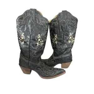 Corral Cowboy Boots Western Women's Black Leather Lizard Inlay Boho Rodeo Size 7