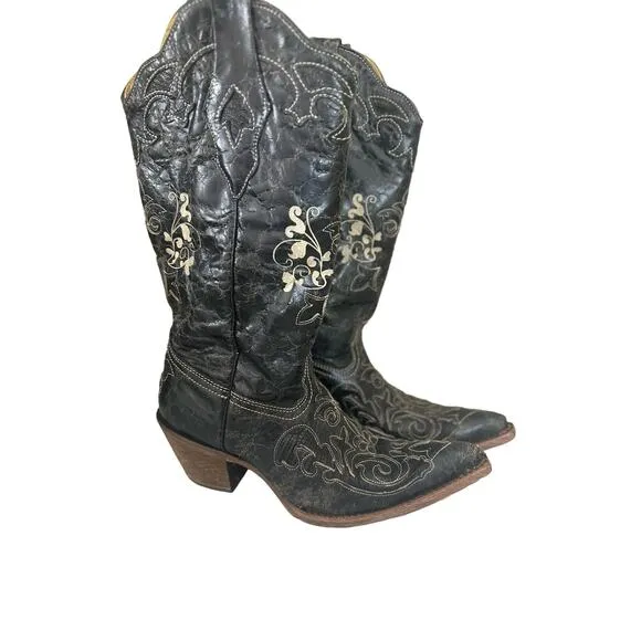 Corral Cowboy Boots Western Women's Black Leather Lizard Inlay Boho Rodeo Size 7