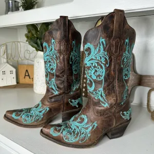 Corral Crackle Brown and Turquoise Embroidered Western Cowboy Boots Wmn Sz 9.5W