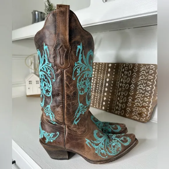 Corral Crackle Brown and Turquoise Embroidered Western Cowboy Boots Wmn Sz 9.5W