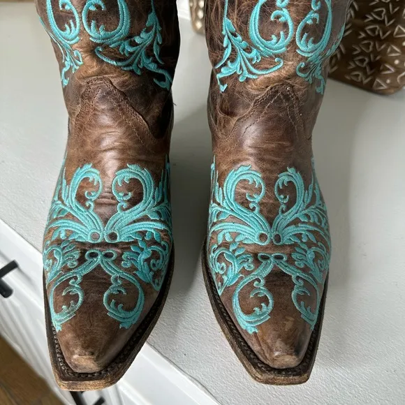 Corral Crackle Brown and Turquoise Embroidered Western Cowboy Boots Wmn Sz 9.5W