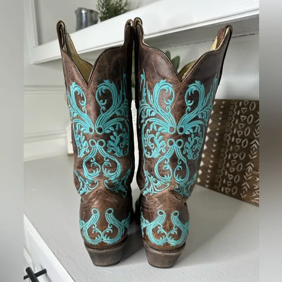 Corral Crackle Brown and Turquoise Embroidered Western Cowboy Boots Wmn Sz 9.5W