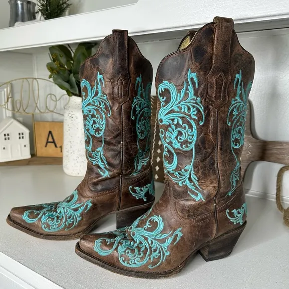 Corral Crackle Brown and Turquoise Embroidered Western Cowboy Boots Wmn Sz 9.5W