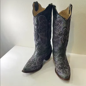 CORRAL VINTAGE Leather Purple/Grey Heeled Boots with Ornate Design Women’s 9.5