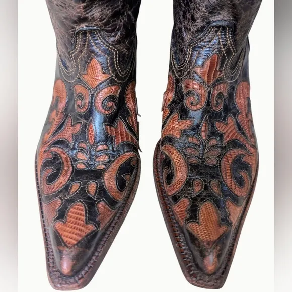 Corral Womens 7M Brown Floral Snip Toe Cowgirl Boots Leather Lizard Skin Inlay