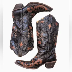 Corral Womens 7M Brown Floral Snip Toe Cowgirl Boots Leather Lizard Skin Inlay