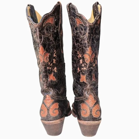 Corral Womens 7M Brown Floral Snip Toe Cowgirl Boots Leather Lizard Skin Inlay