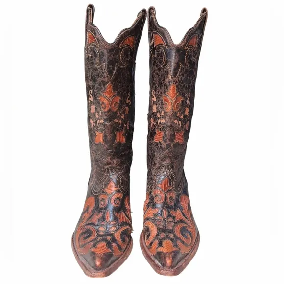 Corral Womens 7M Brown Floral Snip Toe Cowgirl Boots Leather Lizard Skin Inlay