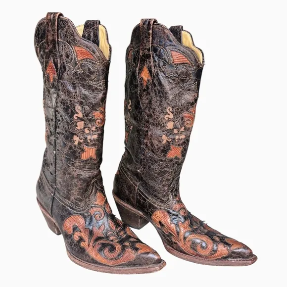 Corral Womens 7M Brown Floral Snip Toe Cowgirl Boots Leather Lizard Skin Inlay