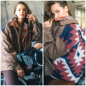 Cozy Boho Chic Aztec Mocha Shirt Jacket  &quot;Shacket&quot;
