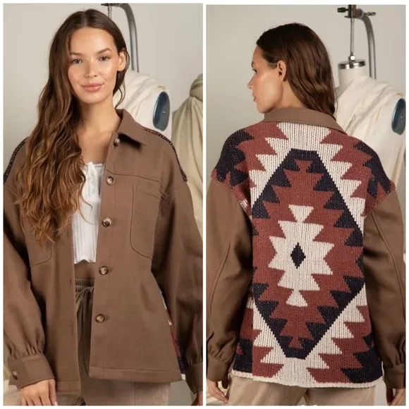 Cozy Boho Chic Aztec Mocha Shirt Jacket  &quot;Shacket&quot;