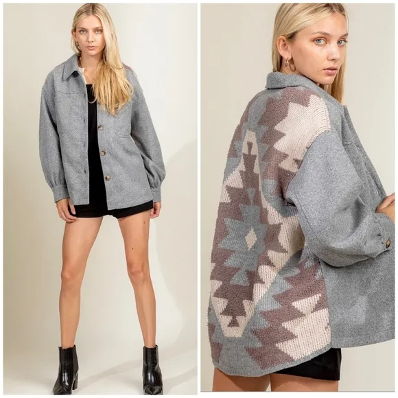 Cozy Boho Chic Aztec Mocha Shirt Jacket  &quot;Shacket&quot;