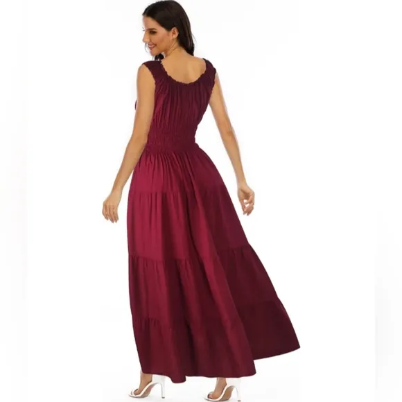 Cranberry Red Retro Off the Shoulder Tiered Maxi Long Prairie Dress 50s 60s New