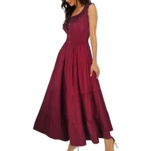 Cranberry Red Retro Off the Shoulder Tiered Maxi Long Prairie Dress 50s 60s New
