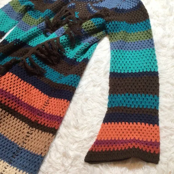 Crochet Fringe Duster Open Long Cardigan Boho Festival Hippie Rainbow Core Med