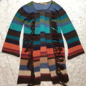Crochet Fringe Duster Open Long Cardigan Boho Festival Hippie Rainbow Core Med